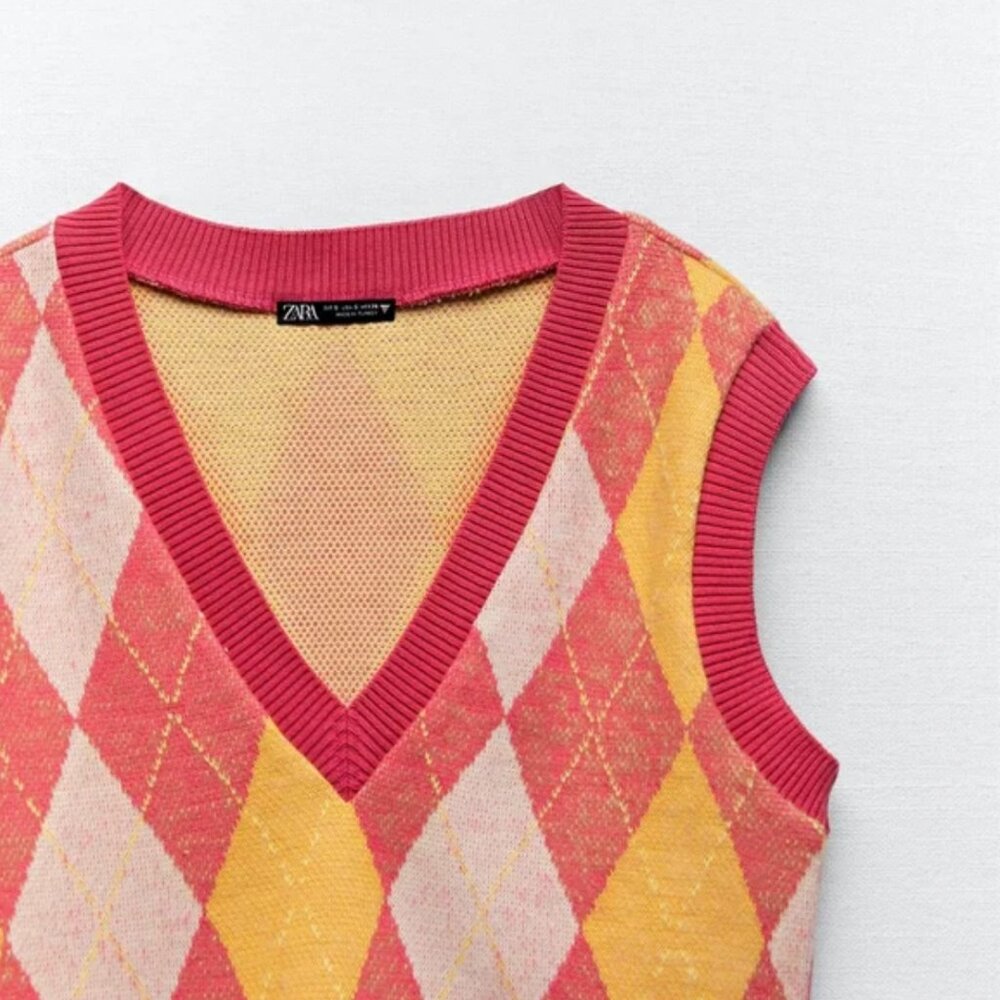 Zara Argyle Printed Knit Vest M - Picture 6 of 6